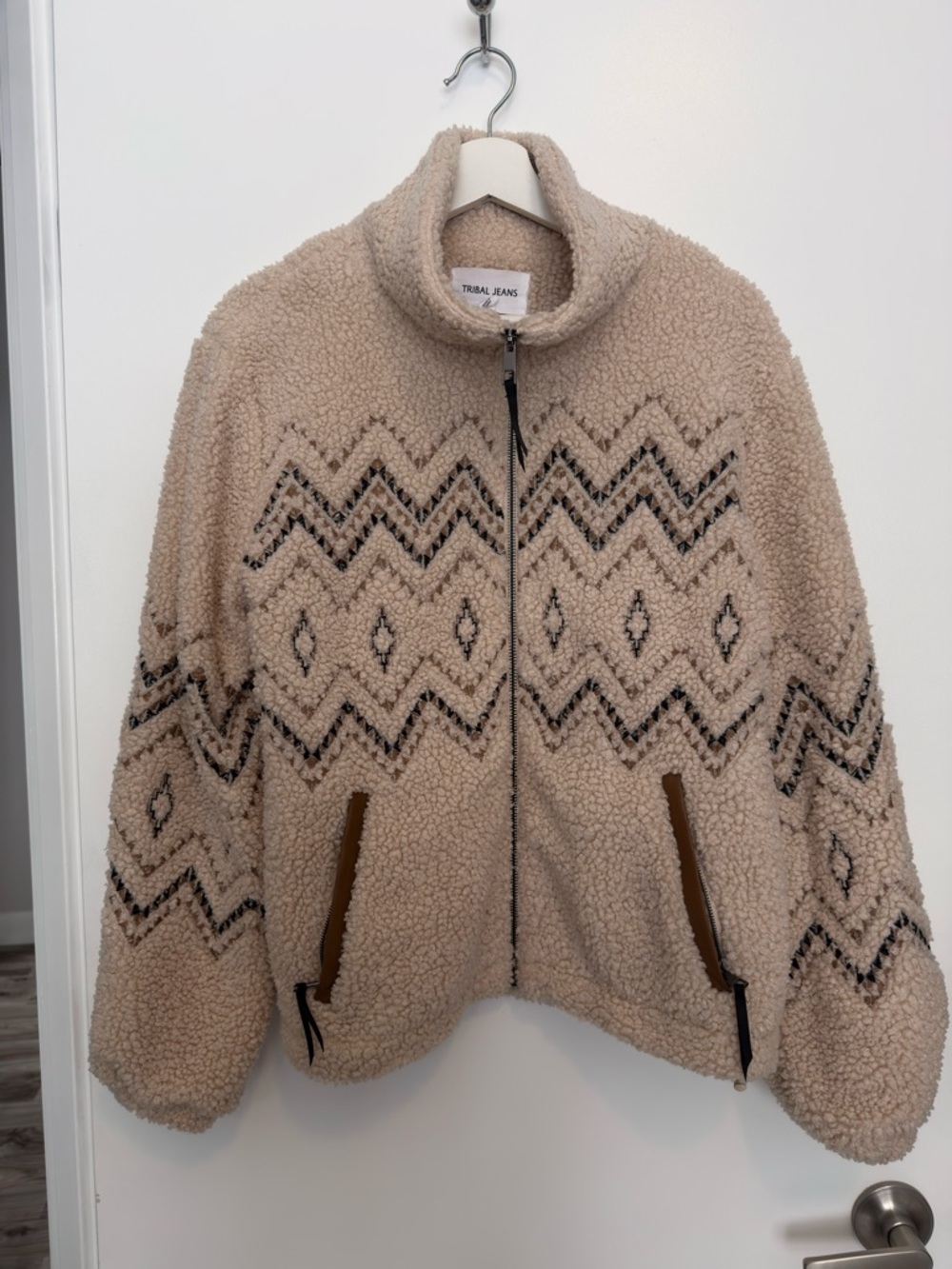 Tribal Cream Sherpa Zip-Up Jacket with Geometric Pattern